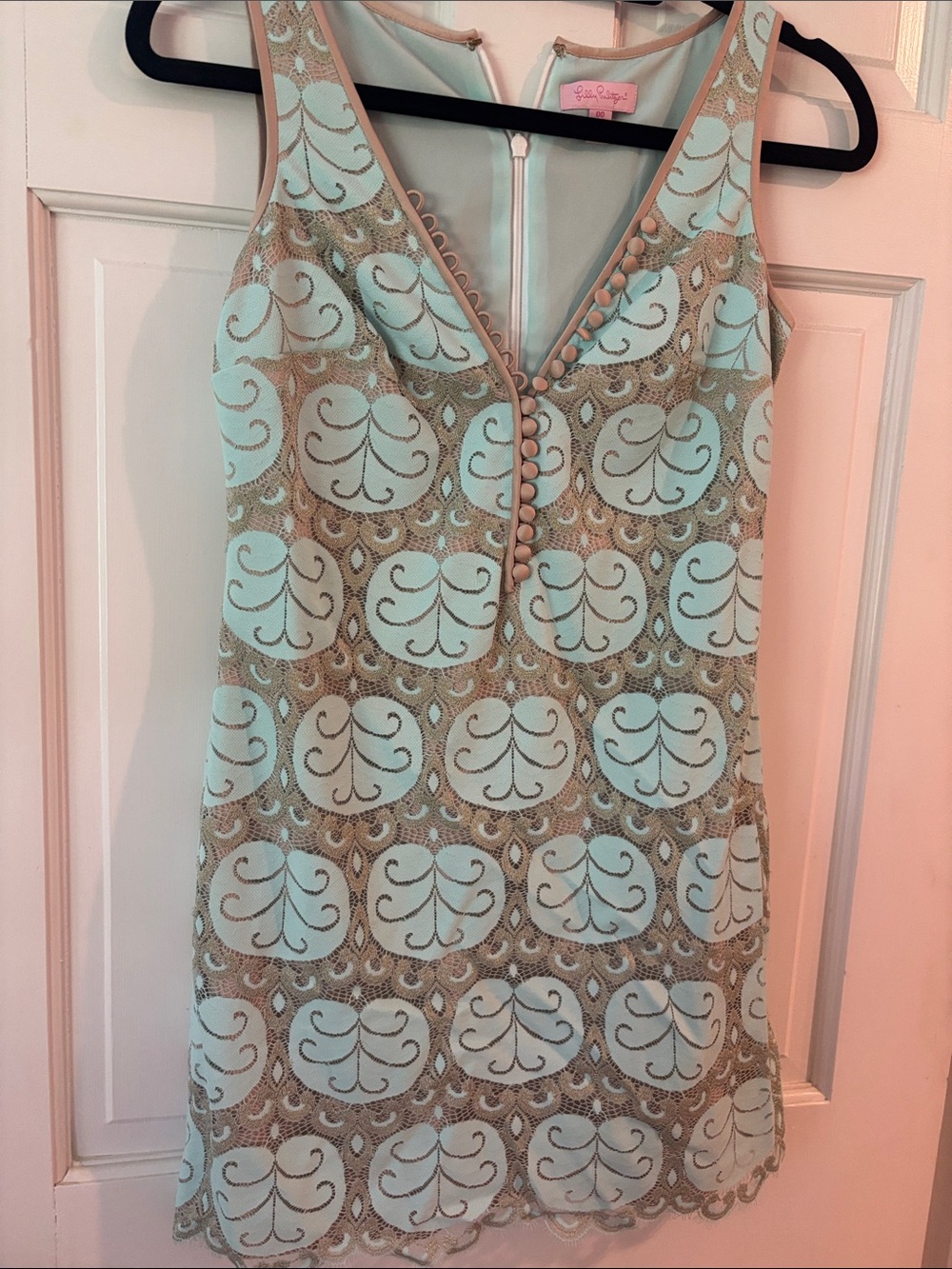 Lilly Pulitzer Aqua and Tan Lace-Overlay Mini Dress